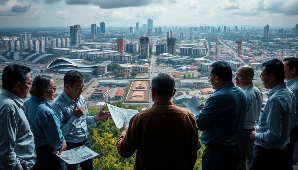 A complex scene of the land acquisition process for education facilities. In the foreground, a group of officials and stakeholders engaged in a heated discussion, gesticulating and poring over maps and documents. In the middle ground, a sprawling urban landscape, with construction sites and partially built structures. In the background, looming office towers and bureaucratic institutions. Dramatic lighting casts long shadows, creating a sense of tension and negotiation. The overall atmosphere is one of bureaucratic complexity, with multiple parties navigating the challenges of securing land for a new high school in Solo.