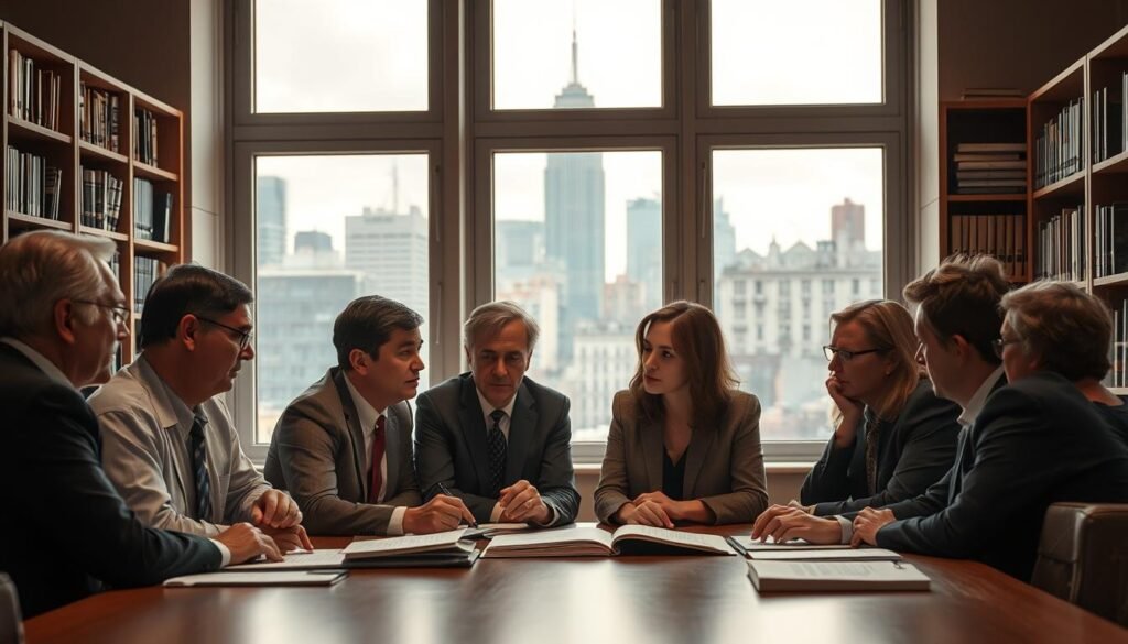 A detailed academic analysis of education policy, with a thoughtful, measured tone. In the foreground, a group of policymakers and educators gathered around a table, deep in discussion, their expressions contemplative. In the middle ground, shelves of books and research materials, hinting at the intellectual rigor behind the analysis. In the background, a large window overlooking a bustling cityscape, symbolizing the real-world impact of the policy decisions being made. Soft, warm lighting illuminates the scene, creating an atmosphere of serious contemplation. The composition is balanced and symmetrical, conveying a sense of order and professionalism.