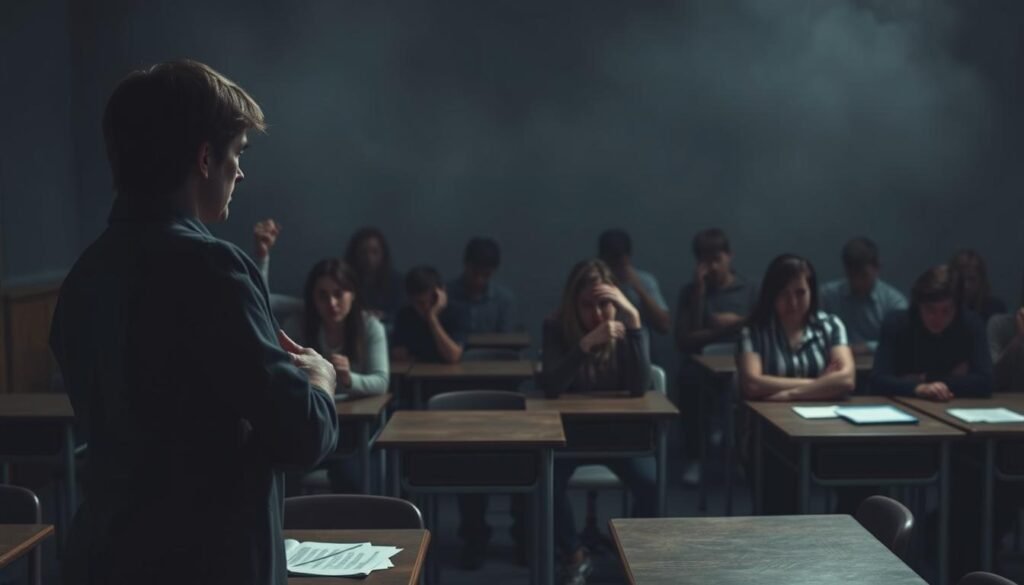 A dimly lit classroom with desks and chairs, conveying a sense of uncertainty and unease. In the foreground, a teacher stands with a concerned expression, facing a group of disgruntled students. The middle ground features students engaged in heated discussion, some with hands raised, others with furrowed brows. The background is hazy, suggesting the weight of the policy's impact on the education sector. The lighting is moody, casting shadows that accentuate the tension in the room. The overall scene evokes the complex and often contentious nature of educational policy changes.