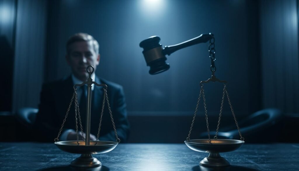 A dimly lit courtroom scene, the judge's gavel slamming down, casting a severe shadow on the faces of the defendant and plaintiff. The atmosphere is tense, with somber hues of gray and blue dominating the frame. In the foreground, the scales of justice hang precariously, their balance disrupted, symbolizing the consequences of violating Pasal37. The background features a blurred cityscape, hinting at the broader societal impact of such infractions. The lighting is dramatic, with a single spotlight illuminating the central figures, underscoring the gravity of the situation. The overall composition conveys a sense of foreboding and the weight of legal consequences.