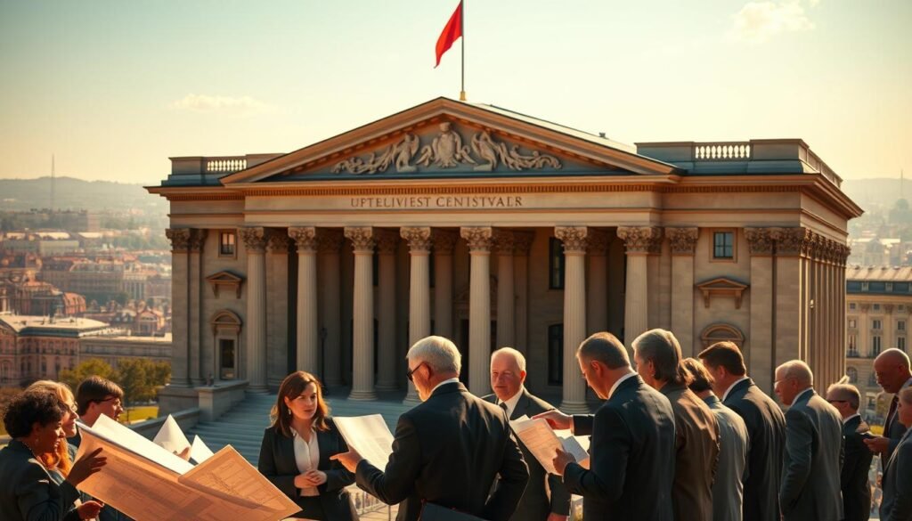 A grand and stately government building, its facade adorned with classical columns and ornate details. In the foreground, a group of serious-looking figures - government officials, legislators, and public servants - gathered in earnest discussion, gesturing towards architectural plans or legal documents. The lighting is warm and golden, casting a sense of gravitas and importance. The background features a sweeping cityscape, hinting at the broader context and impact of the policies and decisions made within these hallowed halls. An atmosphere of authority, responsibility, and civic duty permeates the scene.