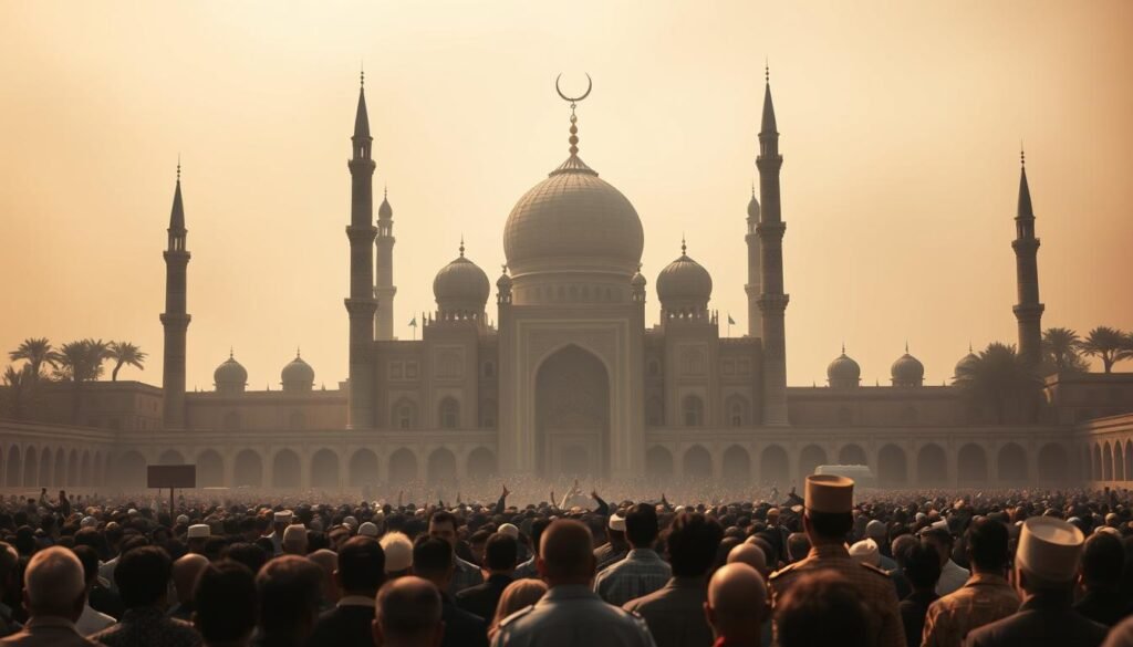 A grand, ornate mosque standing tall in the center, its domes and minarets reaching skyward. In the foreground, a solemn crowd gathers, their expressions somber as they witness the enforcement of Islamic law. The middle ground depicts government officials overseeing the proceedings, their robes and headpieces signifying their authority. The background is hazy, evoking a sense of gravity and reverence. Warm, muted tones create an atmosphere of solemnity, while strategic lighting casts dramatic shadows, emphasizing the weight of the moment. The scene conveys the serious role of the Islamic government in upholding religious statutes, a powerful illustration of the section titled "Peran Pemerintah dalam Penegakan Hukum."