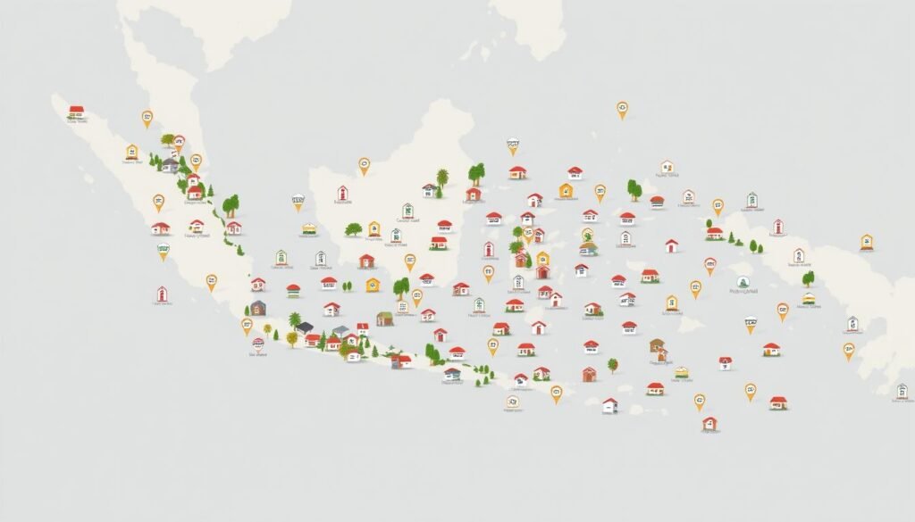 A map of Indonesia filled with precise locations of 100 rural schools, each represented by a small, detailed icon. The map is presented in a clean, minimalist style with muted colors and a light, airy atmosphere. The icons are distinctive, showcasing the unique architectural styles and landscapes of each school's setting. The layout is organized and intuitive, allowing the viewer to easily navigate and comprehend the nationwide distribution of these educational facilities. The overall impression is one of comprehensive, data-driven coverage of an important national resource.