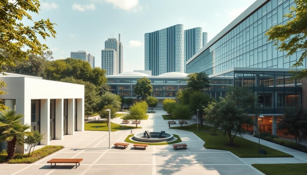 A modern educational facility set against a backdrop of lush greenery and towering glass structures. The foreground features a sleek, minimalist building with clean lines, large windows, and a prominent entrance. The middle ground showcases a well-manicured courtyard with benches, trees, and a central water feature. In the background, a cluster of high-tech laboratories and multi-purpose halls can be seen, their facades adorned with intricate patterns and subtle lighting. The scene is bathed in warm, natural light, creating a sense of openness and innovation. The overall atmosphere conveys a harmonious blend of technology, nature, and thoughtful design, embodying the essence of a progressive, 21st-century educational institution.