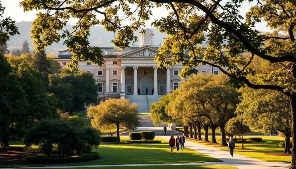 A prestigious university campus set against a backdrop of lush greenery and manicured landscapes. In the foreground, a grand, neoclassical-style building with intricate architectural details stands tall, exuding an aura of academic prestige. The middle ground features students strolling along tree-lined paths, deep in discussion. Warm, golden sunlight filters through the branches, casting a soft, inviting glow over the scene. The overall atmosphere conveys a sense of intellectual pursuit, tradition, and scholarly excellence. The image should capture the essence of a renowned, time-honored institution of higher learning.