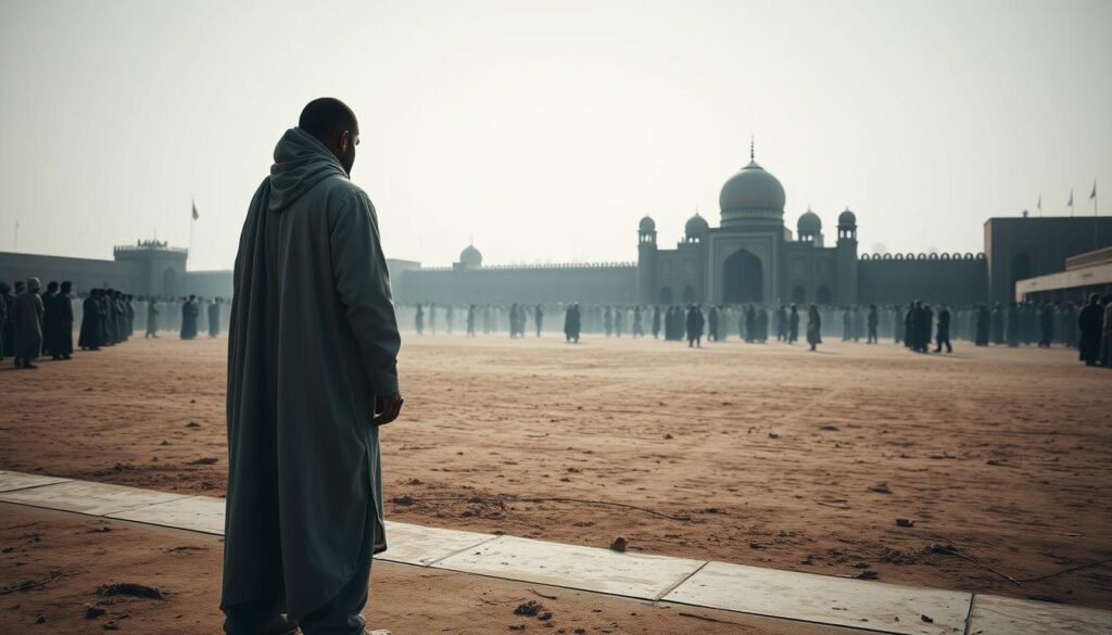 A serene and contemplative scene depicting the public administration of Islamic capital punishment, known as Rajam. In the foreground, a solemn figure, draped in traditional robes, stands amidst a tranquil crowd, conveying the gravity and solemnity of the occasion. The middle ground features a sparse, minimalist landscape, with muted tones and subtle shadows, emphasizing the weight of the moment. In the background, the architecture reflects the region's cultural and religious heritage, creating a sense of timelessness. The lighting is soft and diffused, evoking a pensive and reflective atmosphere, as the community grapples with the complexities of this form of justice within the Islamic legal framework.