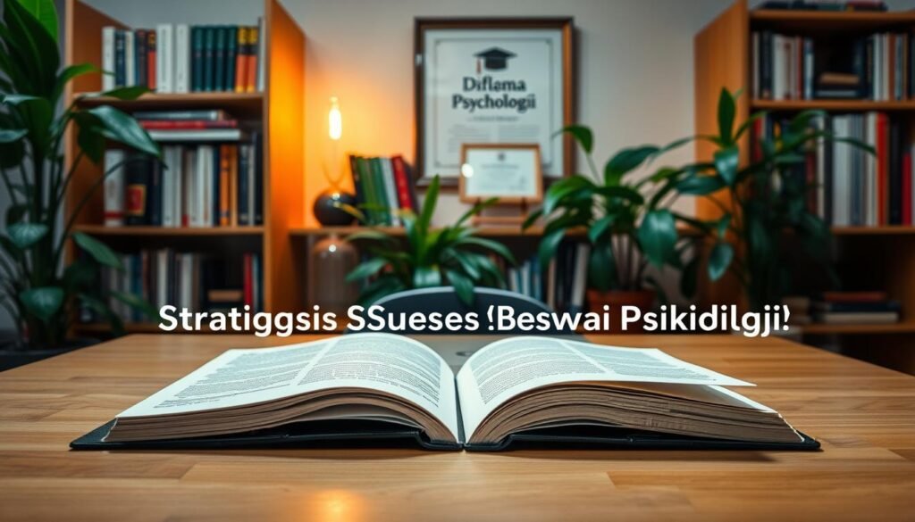 A serene study space, a laptop and open books on a wooden desk, surrounded by lush indoor plants and warm lighting. In the background, a bookshelf filled with psychology textbooks and a diploma framed on the wall, signifying academic success. The overall atmosphere exudes focus, determination, and the pursuit of knowledge, embodying the &amp;quot;Strategi Sukses Beasiswa Psikologi&amp;quot; concept. The scene is captured through a medium-wide angle lens, creating a sense of depth and inviting the viewer to imagine themselves in this productive, inspiring environment.