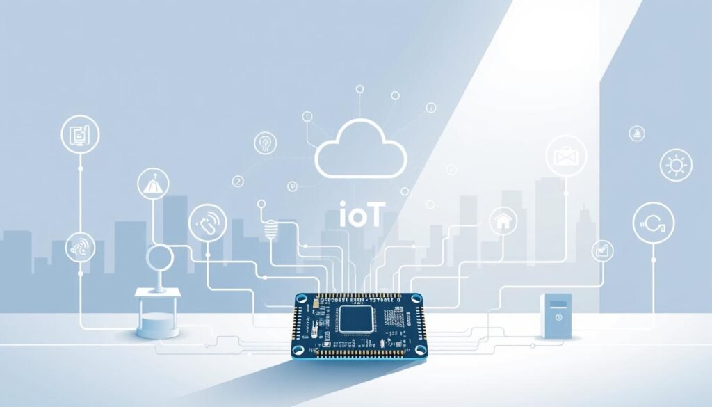 A sleek, minimalist illustration showcasing the key components of an IoT (Internet of Things) system. In the foreground, a central microcontroller or IoT hub stands prominently, surrounded by various sensors and actuators - temperature, motion, light, and more - connected via clean, geometric lines. The middle ground features a stylized representation of cloud computing and data processing, with subtle digital patterns and icons. In the background, a cityscape or smart home setting provides context, hinting at the integration of IoT technology into our everyday environments. The scene is illuminated by a soft, directional light, creating depth and emphasizing the interconnected nature of these IoT elements. The overall mood is one of technological sophistication, efficiency, and the seamless integration of the physical and digital worlds.