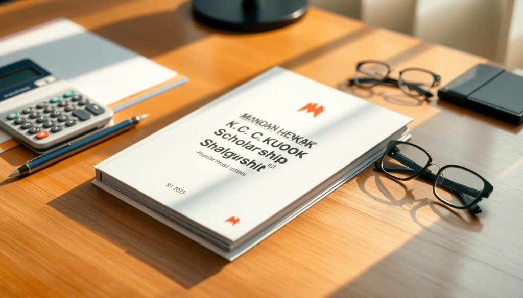 A sleek, modern guidebook titled "Panduan Lengkap: Monash K.C. Kuok Scholarship Malaysia S1 2025" rests on a wooden desk, illuminated by warm, natural lighting. The cover features a clean, minimalist design with bold typography and a subtle graphic element, hinting at the scholarship's prestigious nature. The guidebook is surrounded by neatly organized stationery, including a pen, a calculator, and a pair of reading glasses, conveying a sense of professionalism and attention to detail. The background is blurred, creating a focus on the guidebook and the workspace, reflecting the importance of the scholarship information contained within.