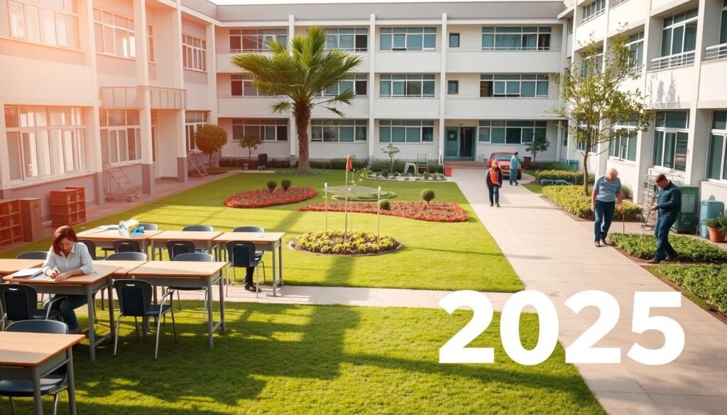 A spacious school campus with a focus on operational readiness for the upcoming 2025 academic year. In the foreground, teachers and staff meticulously prepare classrooms, ensuring desks, chairs, and teaching materials are in order. In the middle ground, groundskeepers tend to the well-manicured lawns and gardens, creating a welcoming environment. The background features the school's modern architecture, with bright, energy-efficient windows and a freshly painted exterior. The scene is bathed in warm, natural lighting, conveying a sense of anticipation and diligence as the school community prepares for the new academic journey ahead.