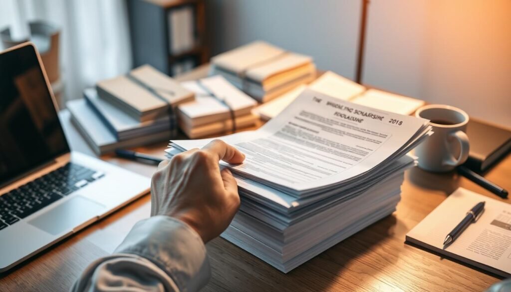 A well-organized workspace with a desk, laptop, and various documents neatly arranged. A warm, focused lighting illuminates the scene, creating a professional and studious atmosphere. In the foreground, a hand carefully reviews a stack of application forms, conveying the diligence and attention to detail required for scholarship preparation. The middle ground features a collection of scholarly books, a pen, and a mug of coffee, hinting at the academic rigor and dedication needed. The background is softly blurred, emphasizing the importance of the task at hand. The overall composition suggests a meticulous, contemplative, and goal-oriented process of preparing scholarship documents.