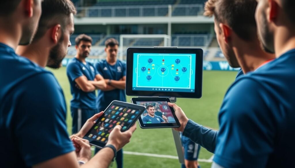 Pelatih menggunakan tablet untuk menunjukkan analisis video kepada pemain selama time out Pelatih menggunakan tablet untuk menunjukkan analisis video kepada pemain selama time out