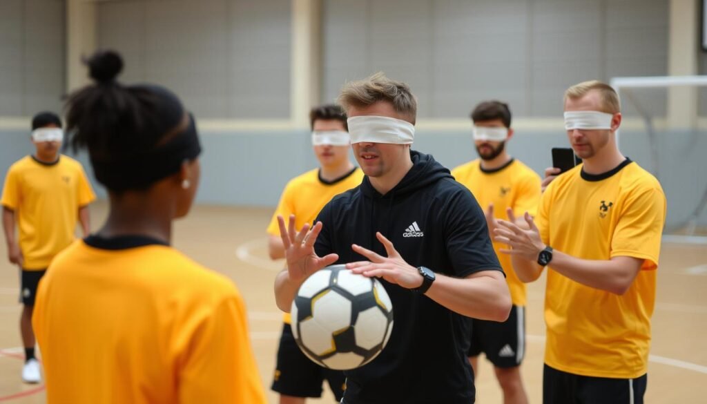 Tim melakukan latihan komunikasi blindfold passing di mana satu pemain ditutup matanya dan harus mengandalkan instruksi verbal rekan setim Tim melakukan latihan komunikasi blindfold passing di mana satu pemain ditutup matanya dan harus mengandalkan instruksi verbal rekan setim