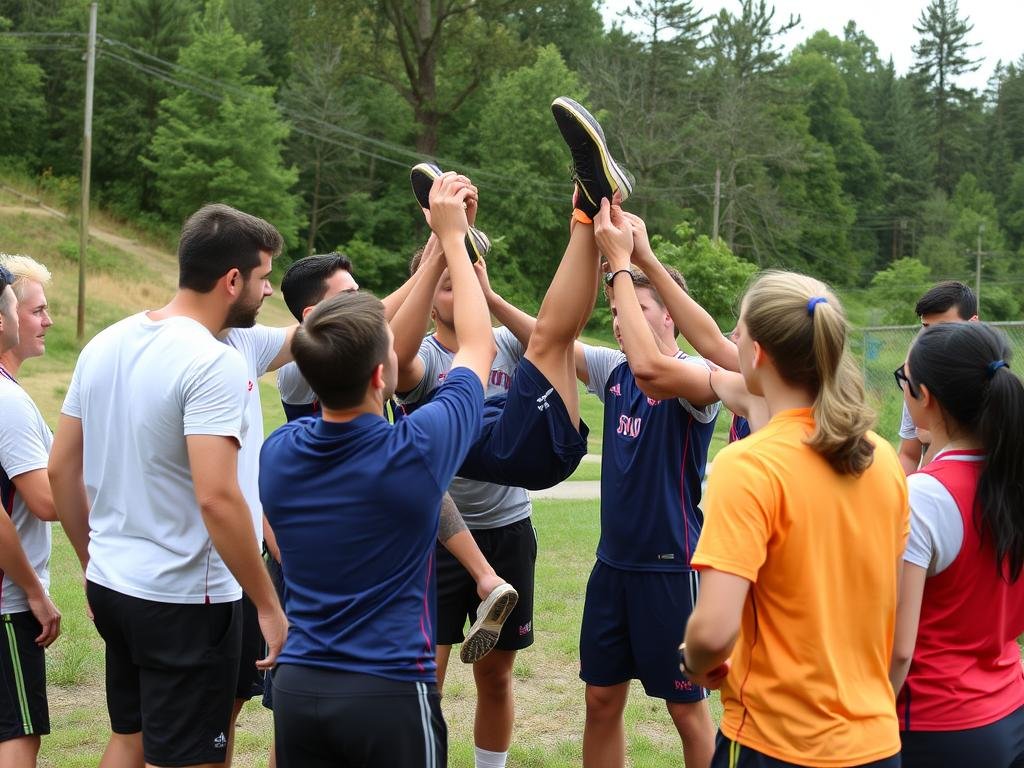 Tim melakukan latihan team building di luar lapangan untuk membangun kepercayaan dan komunikasi Tim melakukan latihan team building di luar lapangan untuk membangun kepercayaan dan komunikasi