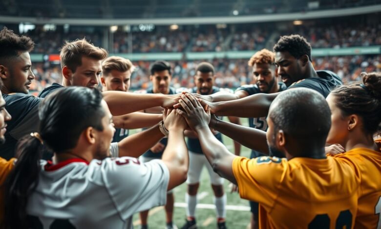 Tim olahraga sedang melakukan huddle sebelum pertandingan, menunjukkan kerja sama tim dan komunikasi efektif di arena olahraga