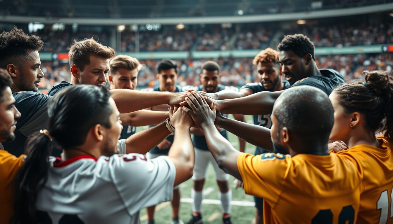 Tim olahraga sedang melakukan huddle sebelum pertandingan, menunjukkan kerja sama tim dan komunikasi efektif di arena olahraga