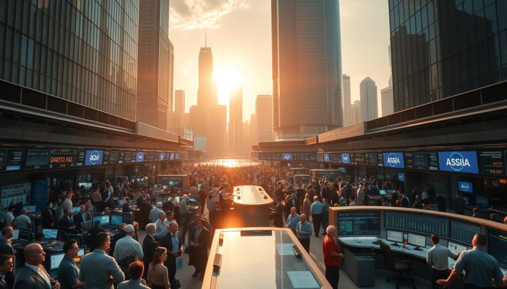 A bustling Islamic finance market, illuminated by warm sunlight filtering through towering skyscrapers. In the foreground, a diverse crowd of investors and traders engage in lively discussions, their expressions reflecting the growth and dynamism of the sharia-compliant financial sector. The middle ground features a sleek, modern trading floor, replete with state-of-the-art technology and digital displays showcasing the latest market trends. In the background, a skyline of gleaming, contemporary architecture symbolizes the expansion and integration of Islamic finance within the global financial landscape. The scene exudes a sense of momentum, innovation, and a steadfast commitment to ethical and socially responsible financial practices. A bustling Islamic finance market, illuminated by warm sunlight filtering through towering skyscrapers. In the foreground, a diverse crowd of investors and traders engage in lively discussions, their expressions reflecting the growth and dynamism of the sharia-compliant financial sector. The middle ground features a sleek, modern trading floor, replete with state-of-the-art technology and digital displays showcasing the latest market trends. In the background, a skyline of gleaming, contemporary architecture symbolizes the expansion and integration of Islamic finance within the global financial landscape. The scene exudes a sense of momentum, innovation, and a steadfast commitment to ethical and socially responsible financial practices.