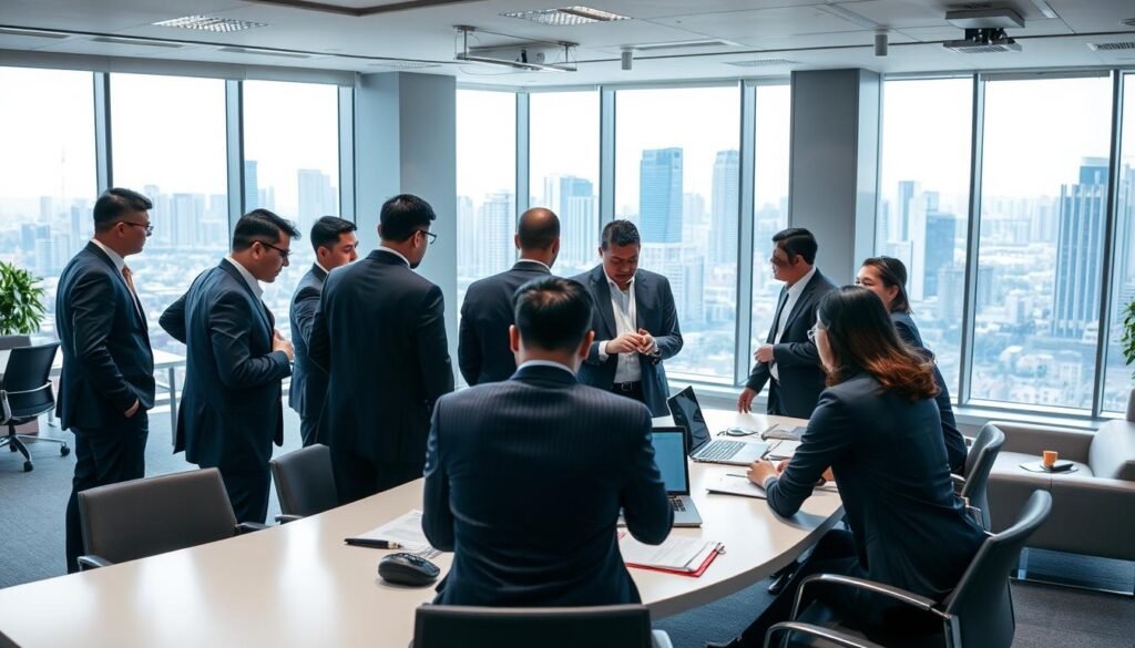 A bustling office scene with a group of security specialists gathered around a conference table, intently discussing hiring strategies. The foreground features well-dressed professionals in formal attire, engaged in a serious discussion, with laptops and documents scattered across the table. The middle ground showcases a modern, open-plan workspace with sleek furniture and large windows, allowing natural light to flood the space. In the background, a view of a vibrant city skyline can be seen through the windows, conveying a sense of a thriving urban environment. The overall tone is professional, focused, and forward-looking, capturing the essence of the current hiring trends in the cybersecurity industry in Indonesia.