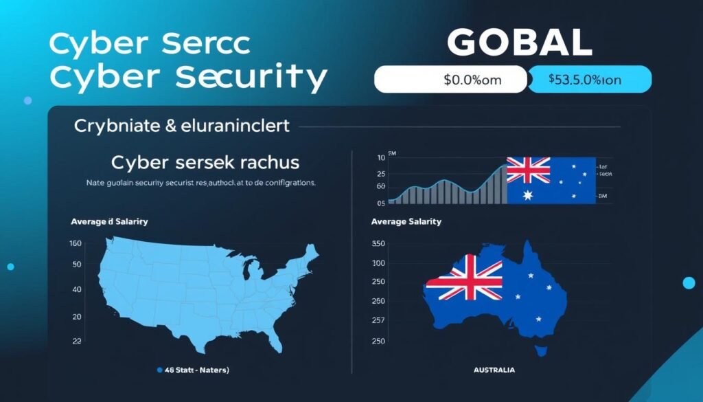 A high-quality infographic showcasing the global benchmark for cyber security specialist salaries. A clean, modern dashboard layout with informative data visualizations. Prominent bar charts and line graphs highlighting the average compensation in the United States and Australia. The visuals are accompanied by a sleek, minimalist aesthetic with a cool, professional color palette of blues, grays, and whites. Subtle 3D elements add depth and dimension. The overall composition conveys a sense of authority, trust, and data-driven insights.