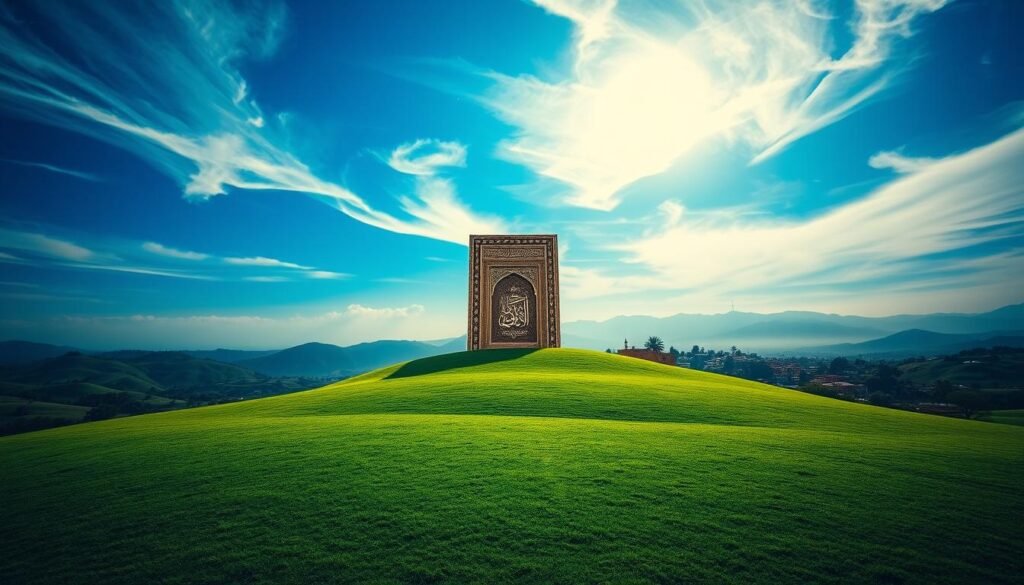 A serene landscape with a rolling green hill in the foreground, leading to a peaceful village nestled in the distance. The sky is a vibrant blue, with wispy clouds drifting overhead. In the center, a large, ornate doorway stands as a focal point, its intricate carvings and calligraphy hinting at the rich cultural heritage of the region. Soft, warm lighting bathes the scene, creating a sense of timelessness and tranquility. The overall mood is one of contemplation and connection to the deeper spiritual aspects of the Quranic verse.