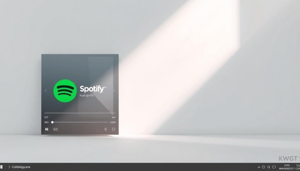 A minimalist album cover featuring a Spotify player interface against a clean, light background. The player UI is rendered in high detail, with a bold album title and artist name prominently displayed. The controls, visualizer, and album artwork are all clearly visible, conveying the essence of a customizable Spotify music widget. The lighting is soft and diffused, creating a modern, elegant aesthetic. The overall composition is balanced and visually appealing, perfectly suited to illustrate the section on creating a custom Spotify widget in the KWGT editor.