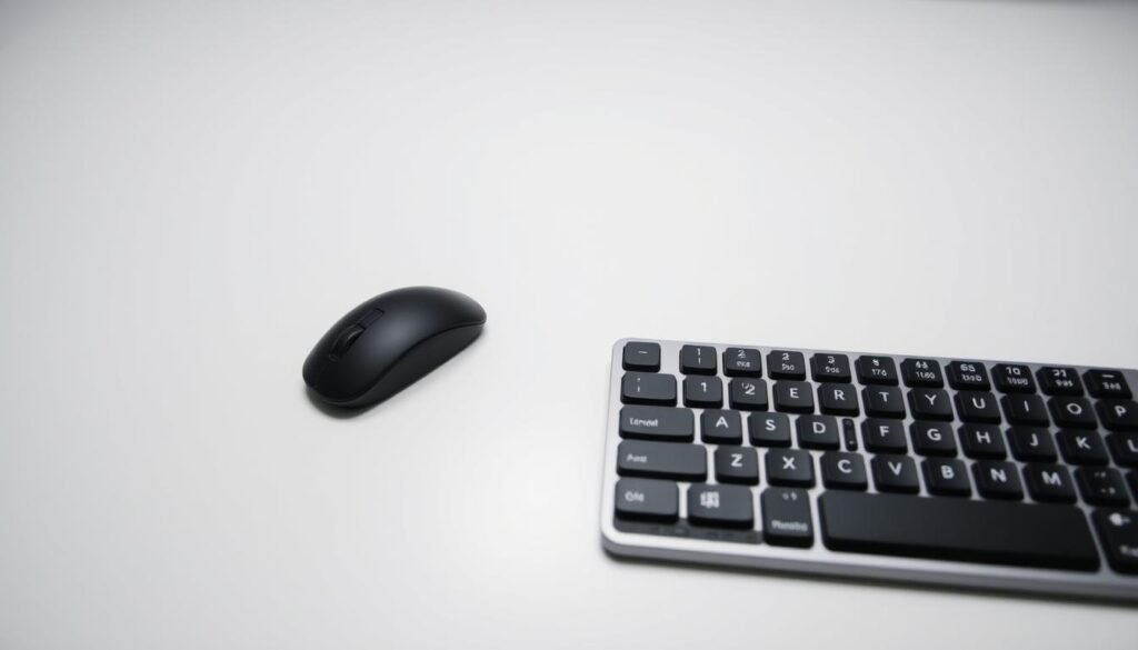 A sleek and modern mouse and keyboard setup against a neutral background. The mouse is a compact wireless model with a smooth matte finish, resting comfortably on a minimalist desk surface. The keyboard is a tenkeyless design with low-profile mechanical keys, backlit for visibility in low light. The lighting is soft and diffused, creating a clean, professional atmosphere. The camera angle is slightly elevated, capturing the arrangement from a slightly bird's-eye view, emphasizing the seamless integration of the peripherals. The overall scene conveys a sense of efficiency and productivity, perfectly suited for use with an Android device via an OTG connection.