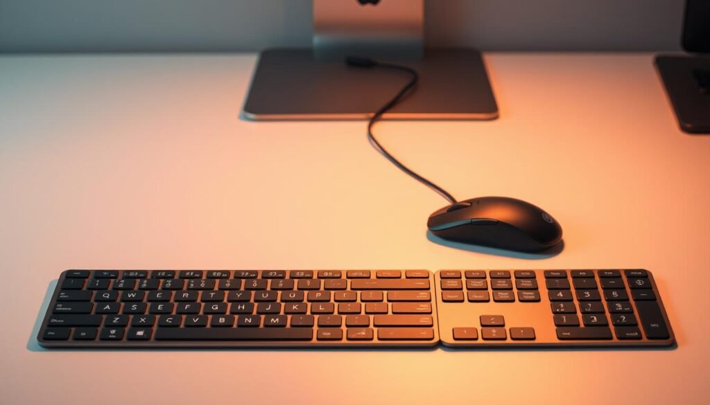 A sophisticated wireless setup with a Bluetooth mouse and keyboard gracefully connected, illuminated by warm studio lighting. The sleek, ergonomic devices rest on a minimalist, clutter-free desk, their seamless pairing emphasized by a crisp, high-contrast composition. The scene evokes a sense of effortless productivity and technological elegance, perfectly capturing the &quot;Alternatif tanpa OTG: koneksi Bluetooth untuk mouse/keyboard&quot; concept.