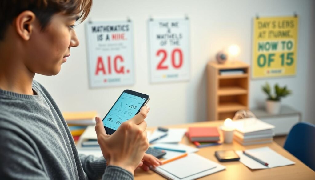 A bright and engaging image showcasing a student using a mathematics application on a smartphone. In the foreground, a young person dressed in casual, modest attire is interacting with the app, looking intrigued and focused. Their hand is poised over the device, displaying numbers and diagrams on the screen. In the middle ground, a cluttered study desk filled with notebooks, pens, and a calculator represents an active learning environment. The background features a well-lit room with motivational posters about mathematics and technology. The lighting is warm and inviting, highlighting the student’s expression of curiosity. The overall mood is one of enthusiasm and empowerment, encouraging learning and exploration of AI technology in education.