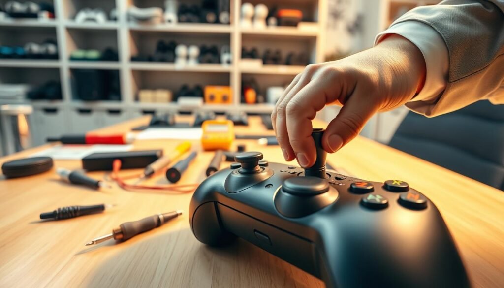 A close-up image of a brightly lit workbench, showcasing a detailed view of a gaming controller with an emphasis on its joystick. In the foreground, the joystick is being tested, with the hand of a person delicately manipulating it to demonstrate checking its responsiveness. The person is dressed in a professional business attire, focusing on the joystick's movement and feedback. The middle ground features various tools and small gadgets used for manual checks, such as screwdrivers and a multimeter, suggesting an environment of precision. The background is softly blurred, hinting at shelves filled with gaming accessories and parts. The lighting is warm and bright, creating a focused and engaged atmosphere that conveys the importance of checking joystick functionality before purchase.