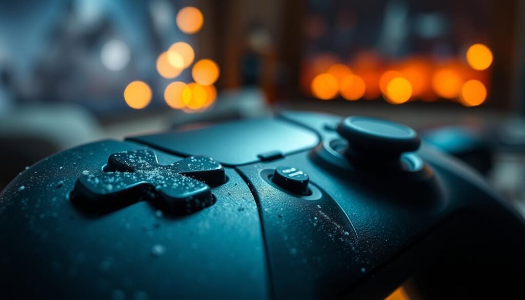 A close-up view of a PS5 DualSense controller, highlighting its analog sticks, surrounded by fine dust and debris particles. The foreground sharply features the textured surface of the controller, with visible wear around the analog sticks to emphasize the theme of drift. The middle ground captures the subtle scattering of dust and tiny particles, appearing suspended in soft light. In the background, a blurred gaming environment suggests a cozy gaming setup, filled with a warm glow from LED lights. The lighting is soft and diffused, creating a slightly moody atmosphere that reflects the wear and tear of gaming. The angle is slightly tilted to draw focus on the joystick area, ensuring that the attention is on the details of the analog dust debris.