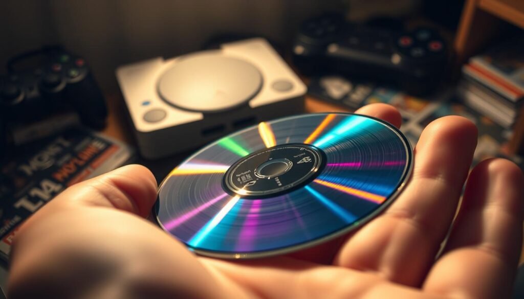 A close-up view of a PlayStation 1 CD being gently held in a hand, with its reflective surface displaying intricate patterns of light. In the foreground, soft glimmers of light catch the surface of the CD, showcasing the vibrant colors of the disc. In the middle ground, a blurred gaming console can be seen, evoking nostalgia, while classic gaming elements like a controller and old-school game magazines lay scattered around. The background features dimmed ambient lighting, creating an intimate, inviting atmosphere, reminiscent of a cozy gaming nook. The overall mood is a blend of curiosity and warmth, suggesting a hidden treasure waiting to be discovered. Capture this moment with a soft focus effect to enhance the mysterious vibe.