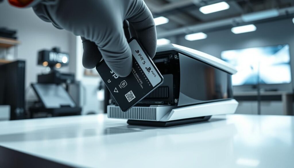 A close-up view of a PlayStation 5 expansion slot being installed, showcasing the intricate details of the SSD and the expansion bay. The foreground highlights a gloved hand carefully inserting a high-performance SSD into the PS5's expansion slot, with visible connection points and cooling heatsink details. In the middle, the PS5 console is elegantly displayed on a sleek, modern desk, with the distinctive white and black design of the console. The background features a soft-focus view of a well-lit tech workspace, with ambient lighting that creates a professional and informative atmosphere. The overall mood is one of precision and innovation, emphasizing a safe and efficient installation process. A close-up view of a PlayStation 5 expansion slot being installed, showcasing the intricate details of the SSD and the expansion bay. The foreground highlights a gloved hand carefully inserting a high-performance SSD into the PS5's expansion slot, with visible connection points and cooling heatsink details. In the middle, the PS5 console is elegantly displayed on a sleek, modern desk, with the distinctive white and black design of the console. The background features a soft-focus view of a well-lit tech workspace, with ambient lighting that creates a professional and informative atmosphere. The overall mood is one of precision and innovation, emphasizing a safe and efficient installation process.