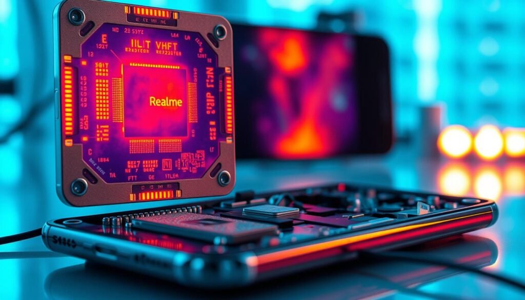 A close-up view of a heated Snapdragon 8 Gen 4 chipset, showcasing intricate details like its silvery metallic surface, exposed circuitry, and glowing hotspots, emphasizing overheating. In the foreground, a high-resolution thermal imaging camera captures the chipset's temperature variations, displaying vibrant red and orange colors indicating heat. The middle ground features a sleek smartphone, the Realme GT7 Pro, partially disassembled, with visible components and wires emphasizing technical exploration. The background is a softly blurred lab environment with cool blue lighting, creating a stark contrast to the warmth of the heated chipset. The overall atmosphere is one of intense analysis and concern, highlighting the potential issues of device overheating in a professional setting.