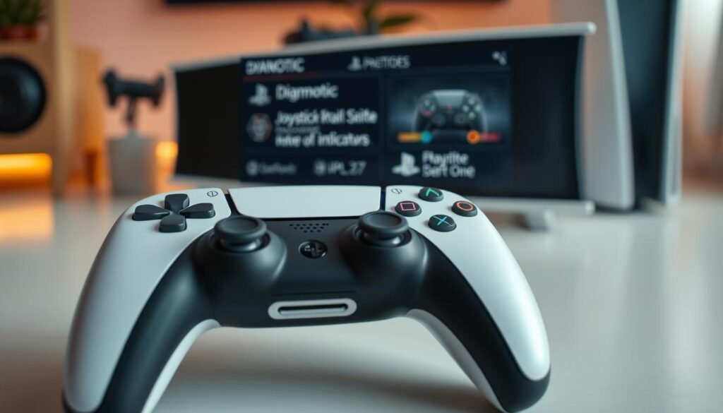 A close-up view of a sleek PlayStation 5 DualSense controller, prominently displayed in the foreground, showcasing its advanced design and ergonomic features. The controller is black and white, highlighting the distinctive textured grip and colorful buttons. In the middle ground, a subtle screen displays diagnostic tools and indicators of joystick drift issues, maintaining a soft blur to focus on the controller. The background features a softly lit gaming setup with a modern console and ambient lighting that creates a cozy gaming atmosphere. The image is captured from a slightly elevated angle with soft, natural lighting to emphasize the details of the controller and screen, evoking a sense of intrigue and sophistication. No text or branding included.