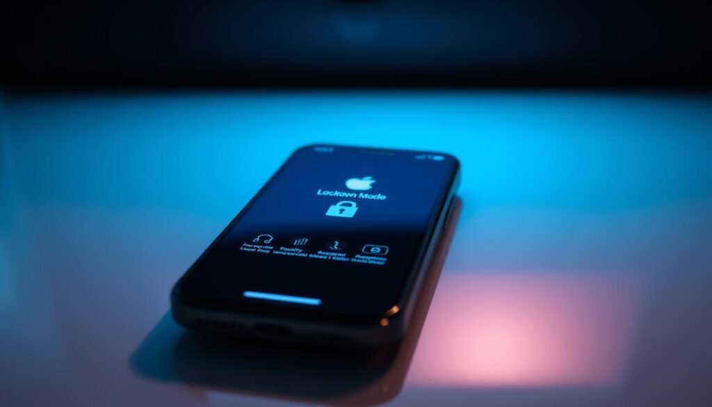 A close-up view of an iPhone screen in "Lockdown Mode," showcasing a dark, minimalist interface with security features highlighted. The foreground features the phone centered in focus, displaying its sleek design and distinct features like the camera lens and buttons. The middle layer includes a soft gradient background that gently fades from deep blue to black, creating a tech-savvy ambiance. Subtle lighting illuminates the phone, casting soft reflections on a glass surface. The atmosphere conveys a sense of security and sophistication, emphasizing the importance of digital safety. No human subjects are present, ensuring a clean and professional representation of the technology.