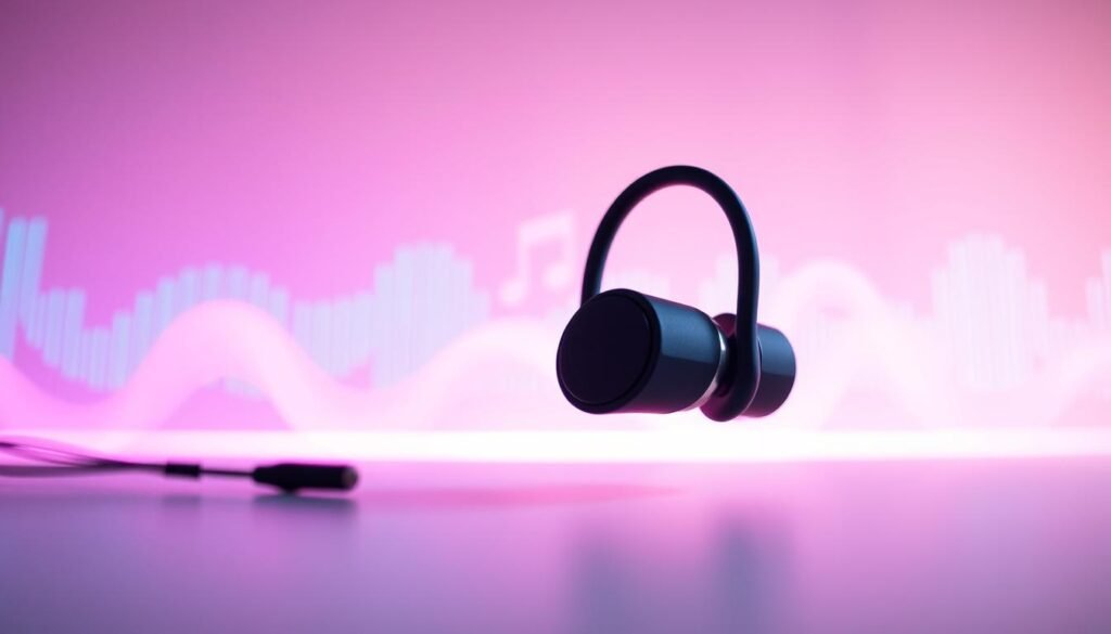 A close-up view of high-quality, modern TWS (True Wireless Stereo) headphones designed for audio enthusiasts. The headphones should feature sleek, ergonomic curves with a matte black finish, metallic accents, and visible earbud tips. In the foreground, showcase the headphones with a soft focus to highlight their design. In the middle background, include elements that represent sound, such as sound waves or musical notes subtly integrated with a vibrant color palette. The lighting should be soft and diffused, creating a warm atmosphere. Use an overhead angle to emphasize the headphones, while ensuring a clean, minimalistic backdrop that enhances the overall aesthetic, reflecting a sense of innovation, performance, and style in audio technology.