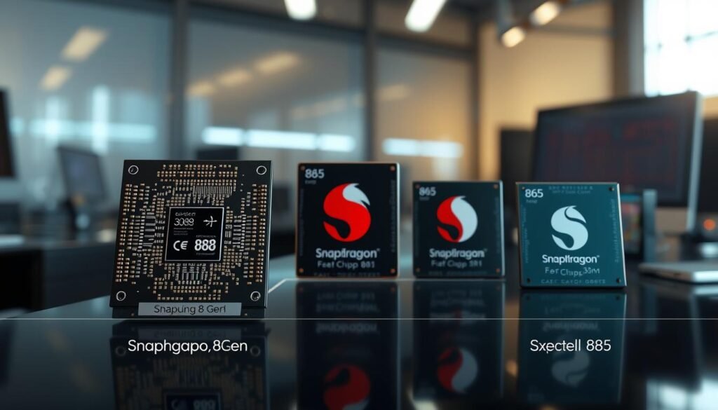 A comparison image showcasing the evolution of Snapdragon chipsets, specifically focusing on the Snapdragon 8 Gen 4, depicted in a professional, high-tech environment. In the foreground, display a detailed 3D rendering of the Snapdragon 8 Gen 4 chipset with an emphasis on its 3nm technology, showcasing intricate circuits and heat distribution features. In the middle ground, include previous generations of Snapdragon chipsets, such as the Snapdragon 888 and 865, each labeled with subtle visual differences. The background should feature a sleek technology workspace with subtle lighting highlighting the chipsets, enhancing a futuristic atmosphere. Use a soft-focus lens effect to accentuate the foreground details while maintaining clear visibility of the older models. The overall mood should convey innovation and advancement in mobile technology.