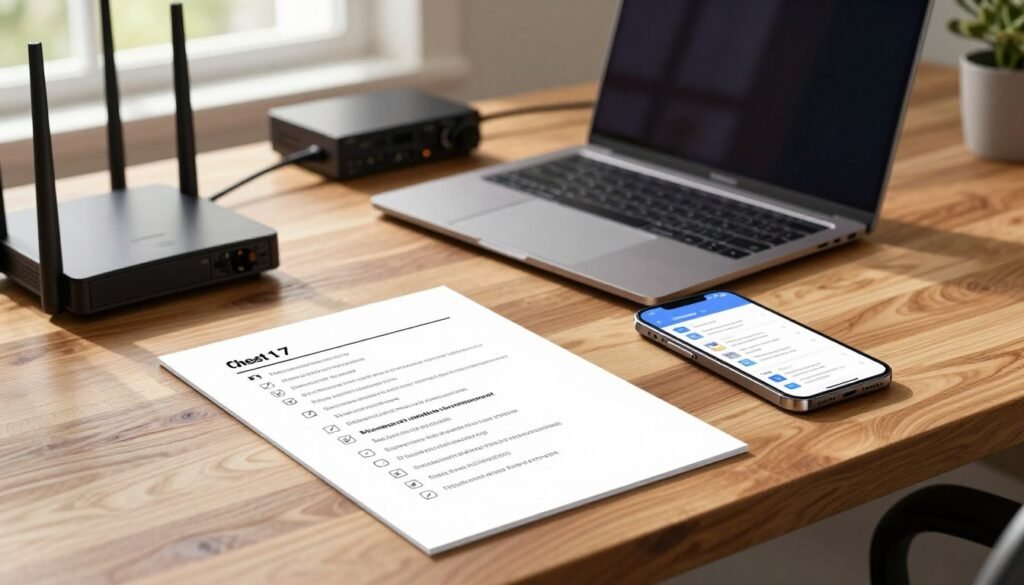 A detailed checklist for network device specifications laid out on a sleek, modern wooden desk. In the foreground, a clean sheet with bullet points outlining key features, such as speed, compatibility, and use cases for a Wi-Fi 7 router, along with icons representing each feature. The middle of the image features a high-quality laptop and a smartphone, both displaying network settings, symbolizing connectivity. In the background, soft-focused technical equipment like routers and cables create a tech-savvy atmosphere. Natural light filters in through a nearby window, casting a warm glow over the scene, creating a professional and inviting mood. The overall composition conveys clarity and readiness for a quick reference before purchase, suitable for an informative article. A detailed checklist for network device specifications laid out on a sleek, modern wooden desk. In the foreground, a clean sheet with bullet points outlining key features, such as speed, compatibility, and use cases for a Wi-Fi 7 router, along with icons representing each feature. The middle of the image features a high-quality laptop and a smartphone, both displaying network settings, symbolizing connectivity. In the background, soft-focused technical equipment like routers and cables create a tech-savvy atmosphere. Natural light filters in through a nearby window, casting a warm glow over the scene, creating a professional and inviting mood. The overall composition conveys clarity and readiness for a quick reference before purchase, suitable for an informative article.