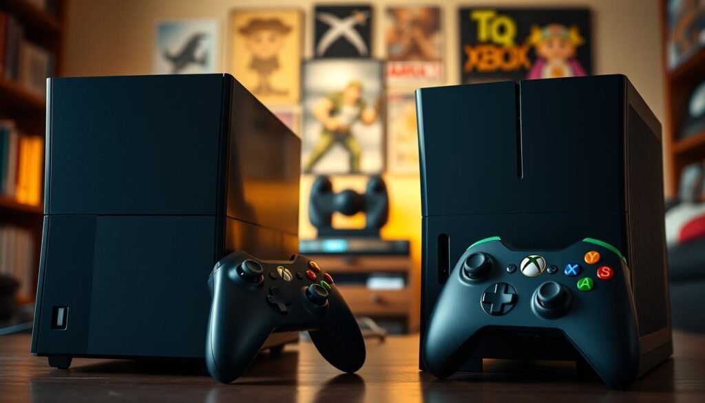 A detailed comparison of the original Xbox hardware versions 1.0 and 1.6, showcasing both models side by side. The foreground features a sleek, glossy black Xbox 1.0 on the left with its distinctive bulging design and original controller, and a more refined, matte black Xbox 1.6 on the right with subtle design tweaks and an updated controller. In the middle ground, include a backdrop of a softly illuminated gaming room, hinting at elements like game cases and nostalgic posters. Ensure the lighting is warm and inviting, casting gentle shadows to enhance the atmosphere. Capture the scene from a slightly angled perspective to highlight the differences in design and features, evoking a sense of nostalgia and curiosity.
