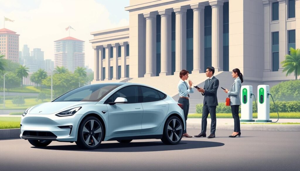 A detailed illustration depicting the regulations surrounding the import of electric cars in Indonesia. The foreground features a sleek, futuristic electric vehicle resembling a compact Tesla, parked near an imposing government building with architectural elements symbolizing regulation and policy. In the middle ground, a diverse group of professionals in business attire discuss guidelines around electric vehicle imports, emphasizing innovation and sustainability. The background showcases a vibrant cityscape with green parks and charging stations, symbolizing urban advancement. Soft, natural lighting highlights the scene, creating an optimistic and inspiring atmosphere. Use a slightly elevated angle to capture both the vehicle and the interactions between the professionals, emphasizing the importance of regulatory compliance in the growing market of electric vehicles. A detailed illustration depicting the regulations surrounding the import of electric cars in Indonesia. The foreground features a sleek, futuristic electric vehicle resembling a compact Tesla, parked near an imposing government building with architectural elements symbolizing regulation and policy. In the middle ground, a diverse group of professionals in business attire discuss guidelines around electric vehicle imports, emphasizing innovation and sustainability. The background showcases a vibrant cityscape with green parks and charging stations, symbolizing urban advancement. Soft, natural lighting highlights the scene, creating an optimistic and inspiring atmosphere. Use a slightly elevated angle to capture both the vehicle and the interactions between the professionals, emphasizing the importance of regulatory compliance in the growing market of electric vehicles.