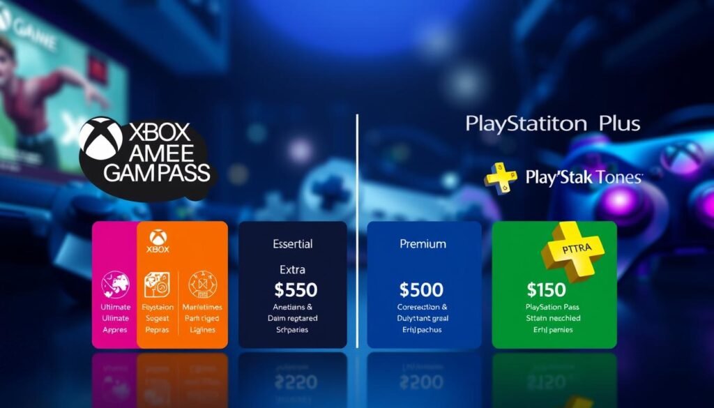 A detailed infographic-style image showcasing the tier structure of the Xbox Game Pass alongside the PlayStation Plus tiers. In the foreground, visually distinct tiers labeled "Xbox Game Pass Ultimate", "Essential", "Extra", and "Premium" in vibrant colors, with icons representing gaming benefits like exclusives and AAA titles. The middle ground features price tags for each tier, displayed in a sleek, modern font. The background should be a gaming-themed gradient, blending shades of blue and green for Xbox and purple and blue for PlayStation. Use soft, ambient lighting to create a professional atmosphere, while a slightly angled perspective adds depth. The mood is competitive yet informative, inviting discussion about gaming subscriptions.