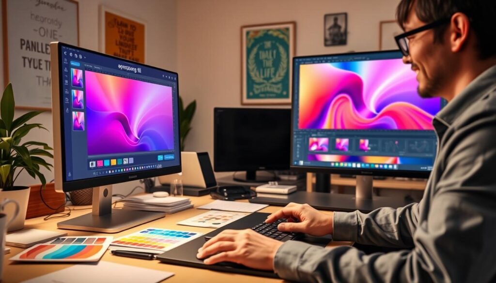 A digital workspace featuring a user actively employing Photoshop 2024's AI generative fill tool. In the foreground, a close-up of a computer screen shows a vibrant image editing interface with layers and tools, highlighting the 'perpanjang canvas' option. The user, dressed in smart casual attire, is intently focused on the screen, hands on the keyboard. In the middle ground, a tidy desk cluttered with design materials, color swatches, and a graphics tablet adds context to the scene. The background features a softly lit home office with motivational art on the walls, creating a creative atmosphere. The lighting is warm and inviting, suggesting inspiration and productivity. The angle is slightly tilted to emphasize the screen and tools, providing a dynamic view that immerses the viewer in the editing process.