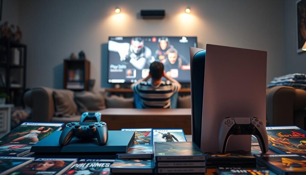 A dynamic and engaging scene depicting both a PlayStation 4 (PS4) and a PlayStation 5 (PS5) console prominently placed in the foreground, showcasing their sleek designs and distinctive features. Surrounding the consoles are popular game titles, displayed face-up, illustrating the vibrant cover art of both PS4 and PS5 games. In the middle ground, a gamer is intently focused on a large TV screen, immersed in a gameplay session, dressed in casual attire, creating a relatable atmosphere. The background features a cozy gaming setup with ambient lighting that highlights the consoles, while soft shadows add depth to the scene. The overall mood is one of excitement and nostalgia, emphasizing the transition from PS4 to PS5 gaming experiences. The image should convey a sense of continuity and innovation in gaming without any distractions like text or watermarks.
