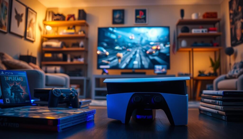 A dynamic and immersive scene showcasing a PlayStation 5 console prominently in the foreground, surrounded by colorful game cases from PS3 and remastered titles. The PS5 is subtly lit with ambient blue and white lighting, creating a sleek modern tech atmosphere. In the middle ground, a television screen displays an engaging in-game scene, filled with vibrant graphics and action. The background features a cozy gaming room with soft, warm lighting, showcasing shelves filled with various gaming accessories and collectibles to enhance the gaming experience. The overall mood is one of excitement and nostalgia, emphasizing the evolution of gaming between generations. A focus on realism and clarity in details is essential, using a shallow depth of field to draw attention to the PS5 and its games.