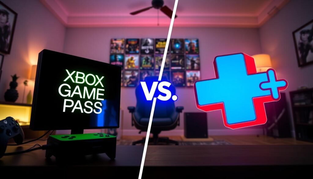 A dynamic scene illustrating the concept of "Xbox Game Pass" versus "PS Plus." In the foreground, a modern gaming console set-up with the Xbox Game Pass logo prominently displayed on the screen, glowing with vibrant green hues. Next to it, a contrasting section shows the PS Plus logo glowing with red and blue tones. In the middle ground, a sleek gaming chair with subtle decorations related to gaming culture, surrounded by an array of AAA game covers, hinting at the variety each service offers. The background showcases a cozy gaming room with stylish ambient lighting, casting soft shadows and creating an inviting atmosphere. The angle is slightly elevated to capture both logos clearly, with a feeling of competition and excitement in the air.
