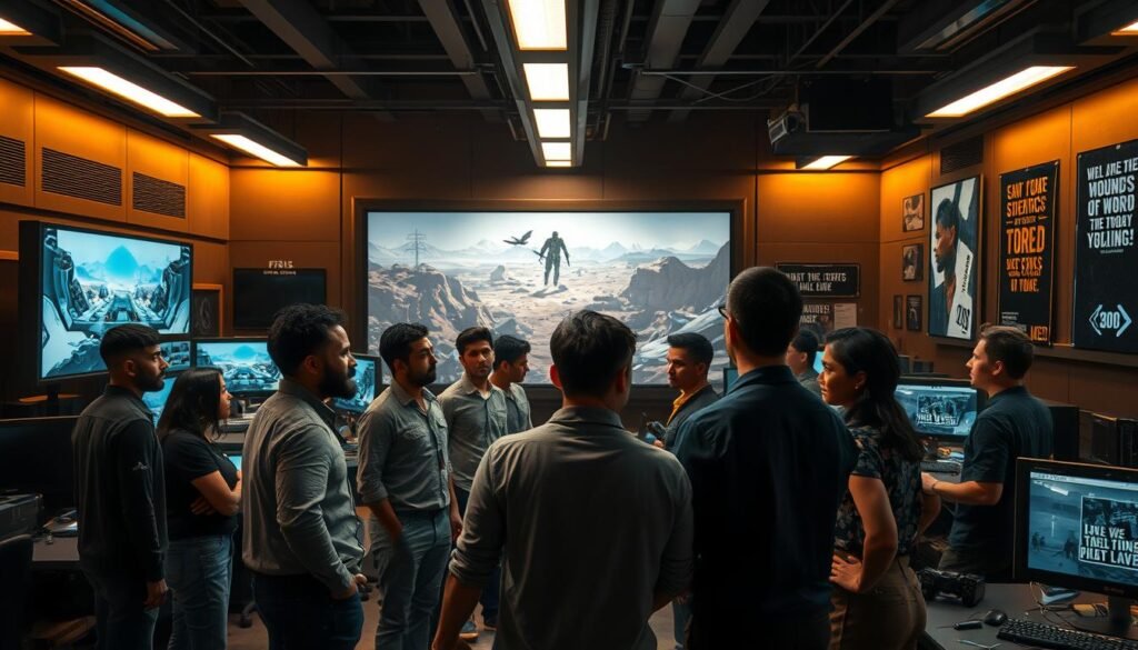 A futuristic game development studio filled with advanced technology and large screens displaying game environments. In the foreground, a diverse team of developers, dressed in professional casual clothing, is engaged in a heated discussion, their expressions a mix of frustration and determination. The middle ground features concept art on a large board, showcasing characters and landscapes from a now-cancelled exclusive PlayStation game. The background is filled with dimly lit workstations, casting soft shadows, with motivational posters inspired by gaming culture. The scene is illuminated by warm overhead lights creating a serious yet inspiring atmosphere, capturing the emotional weight of the game's cancellation after seven years of development.