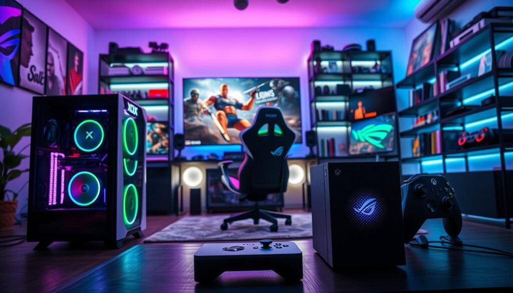 A futuristic gaming ecosystem featuring an Xbox Series X, a sleek Windows PC setup, and an ROG Xbox Ally portable console, all harmoniously interacting in a modern gaming room. In the foreground, the Xbox Series X is prominently displayed alongside a high-performance Windows PC, glowing LED lights illuminating the sleek designs. The middle ground showcases a trendy gaming chair and game controller, with a large monitor displaying a vibrant game scene. In the background, shelves filled with classic game titles and high-tech gadgets create an immersive atmosphere. The lighting is dynamic, with a blue and purple hue contributing to a high-energy, innovative mood. Capture the scene from a slightly elevated angle to emphasize the interconnectedness of gaming devices.