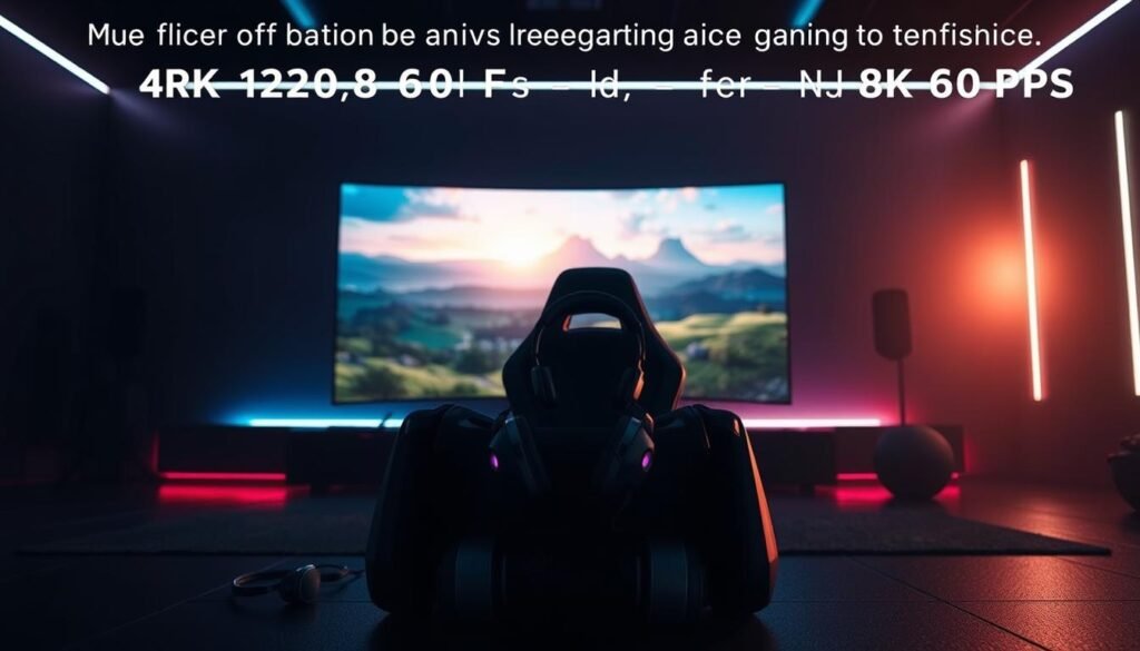 A futuristic gaming setup in a dimly lit room, with a sleek black gaming console prominently displayed in the foreground. The console is showcasing dynamic graphics on a large, ultra-high-definition screen, depicting a vibrant landscape scene rendered in stunning 8K resolution, enhanced with ray tracing effects for realism. In the middle ground, an ergonomic gaming chair is positioned, with RGB lighting casting a soft glow. A pair of high-tech headphones rests on the chair. The background features subtle light effects that simulate the excitement of gaming, creating an immersive atmosphere. The overall mood is intense and exhilarating, reflecting the next generation of gaming performance, with a focus on achieving a target of 4K 120 FPS and 8K 60 FPS. A futuristic gaming setup in a dimly lit room, with a sleek black gaming console prominently displayed in the foreground. The console is showcasing dynamic graphics on a large, ultra-high-definition screen, depicting a vibrant landscape scene rendered in stunning 8K resolution, enhanced with ray tracing effects for realism. In the middle ground, an ergonomic gaming chair is positioned, with RGB lighting casting a soft glow. A pair of high-tech headphones rests on the chair. The background features subtle light effects that simulate the excitement of gaming, creating an immersive atmosphere. The overall mood is intense and exhilarating, reflecting the next generation of gaming performance, with a focus on achieving a target of 4K 120 FPS and 8K 60 FPS.