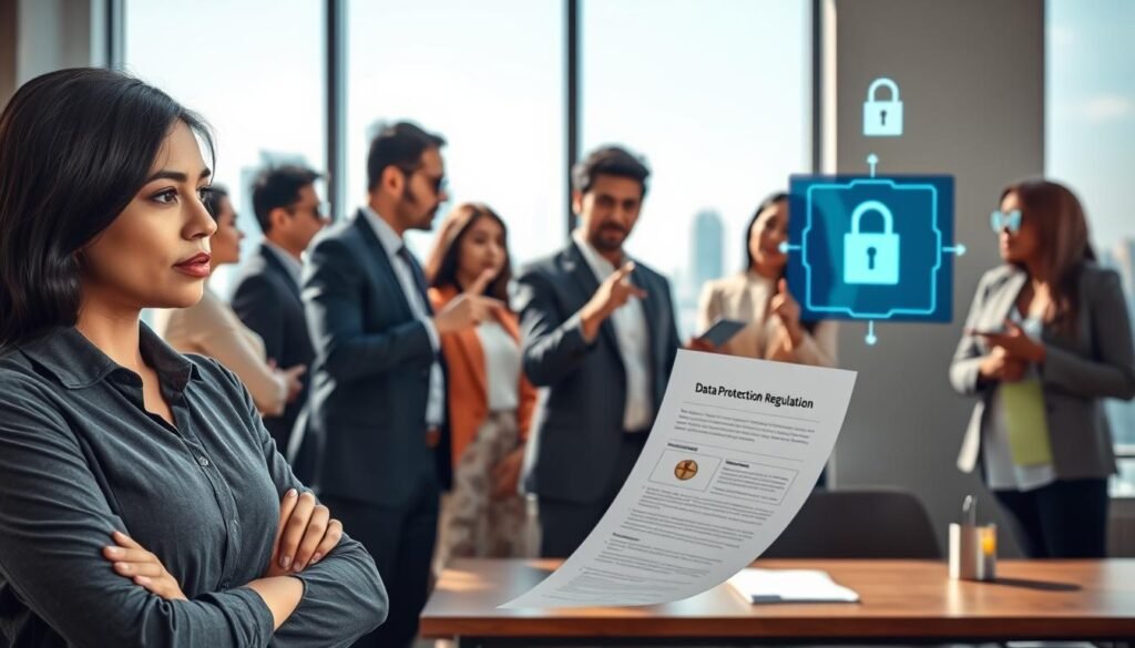 A modern Indonesian office setting depicting regulations on personal data protection. In the foreground, a professional-looking woman in business attire is thoughtfully examining a document labeled "Data Protection Regulation." Her expression conveys concern and focus. In the middle ground, a group of diverse professionals, both men and women, are engaged in a discussion while pointing at a digital display showing data security icons like locks and shields. In the background, a large window reveals a Jakarta skyline under a clear blue sky. The lighting is bright and natural, creating a sense of urgency and importance. The overall mood is serious yet hopeful, emphasizing the need for effective data protection in today’s digital landscape.