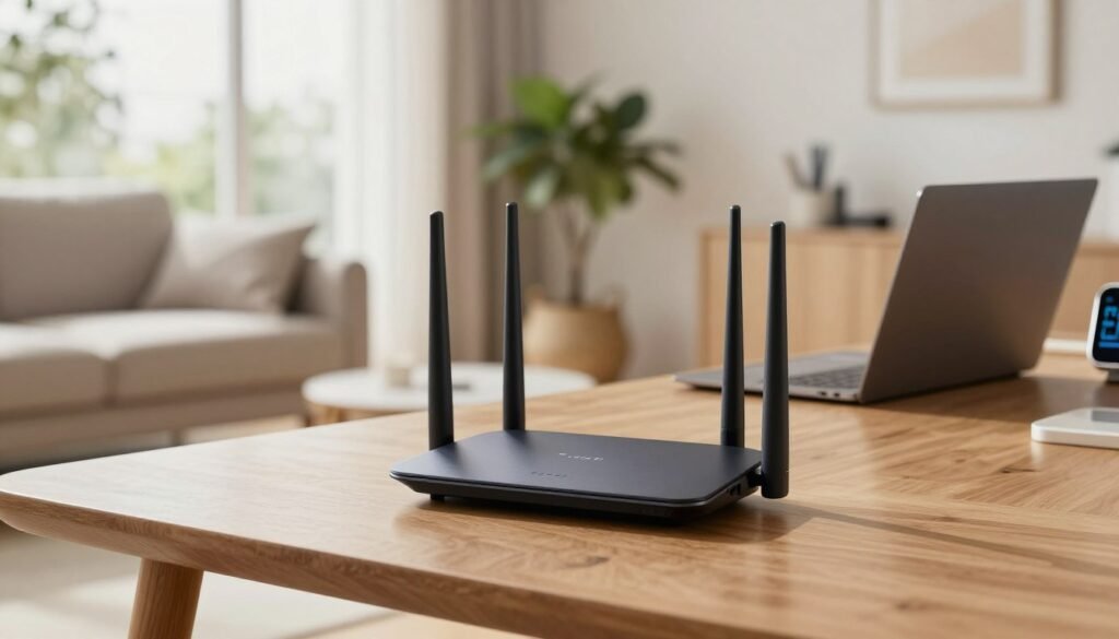 A modern Wi-Fi 7 router displayed prominently in a sleek, minimalist home setting. In the foreground, the router features an elegant design with antennas extending upward, showcasing its advanced technology. The middle layer consists of a stylish wooden desk clutter-free, with a laptop and smart devices, indicating connectivity. In the background, a bright living room with a soft focus allows for a cozy atmosphere, featuring a comfortable couch and indoor plants. Soft, natural lighting pours through large windows, creating an inviting and tech-savvy ambiance. The overall mood should convey innovation and accessibility, inviting users to engage with cutting-edge technology in their lives. A modern Wi-Fi 7 router displayed prominently in a sleek, minimalist home setting. In the foreground, the router features an elegant design with antennas extending upward, showcasing its advanced technology. The middle layer consists of a stylish wooden desk clutter-free, with a laptop and smart devices, indicating connectivity. In the background, a bright living room with a soft focus allows for a cozy atmosphere, featuring a comfortable couch and indoor plants. Soft, natural lighting pours through large windows, creating an inviting and tech-savvy ambiance. The overall mood should convey innovation and accessibility, inviting users to engage with cutting-edge technology in their lives.